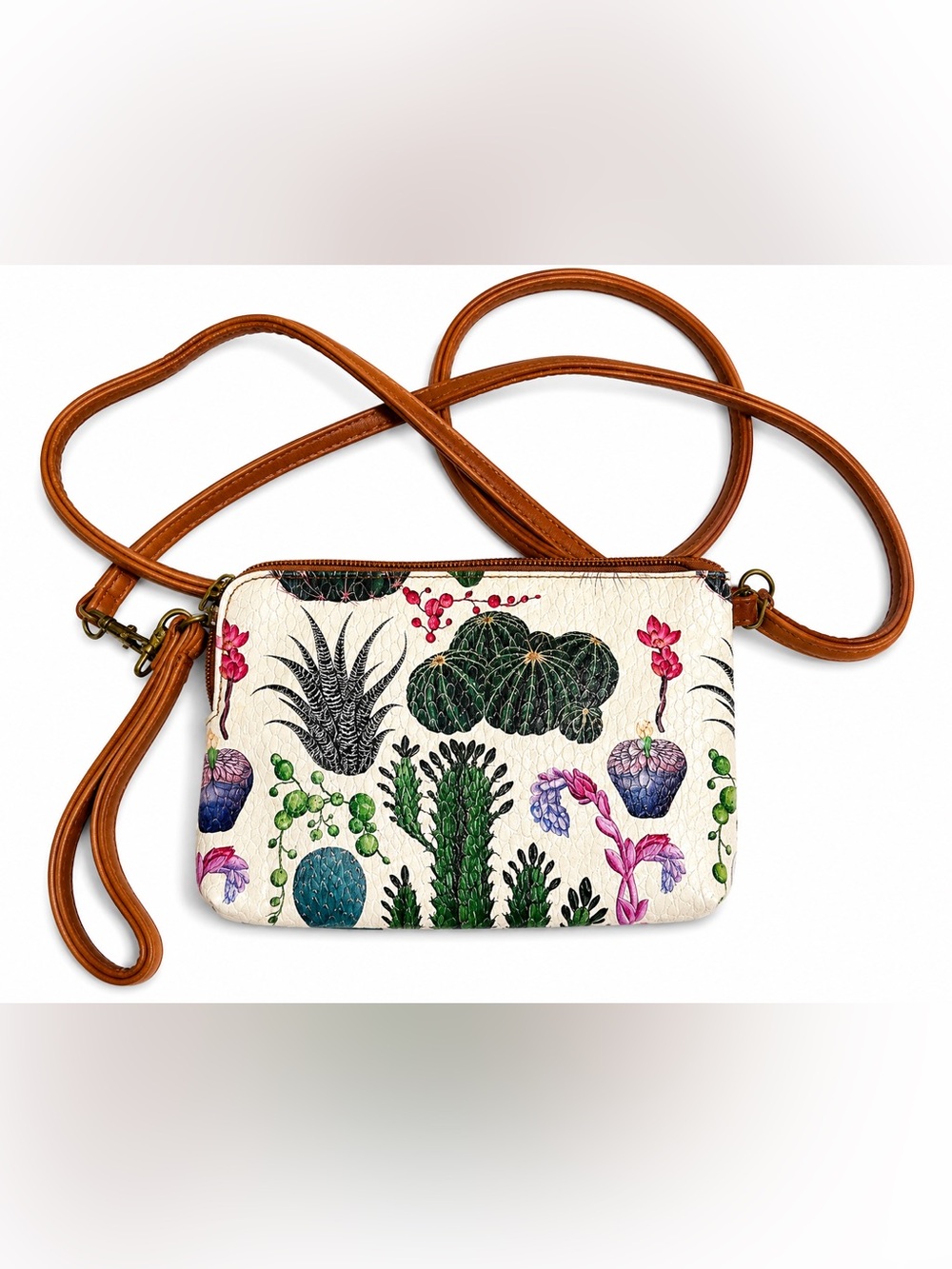 Women's Cream Crossbody Bag with Botanical Cactus Print